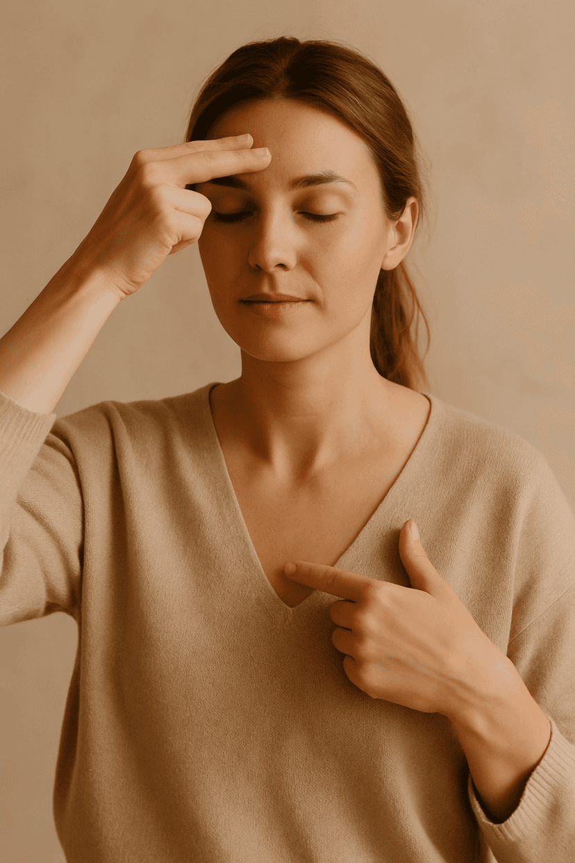 A calm woman with closed eyes gently touches her forehead and chest, perhaps in a moment of reflection, meditation, or self-awareness.