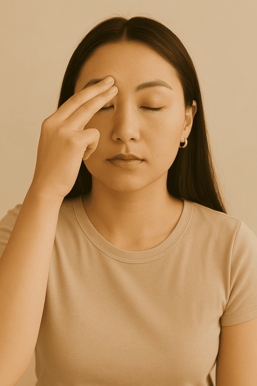 A serene woman with closed eyes has her fingers resting on her forehead, perhaps concentrating, meditating, or feeling a sense of calm.