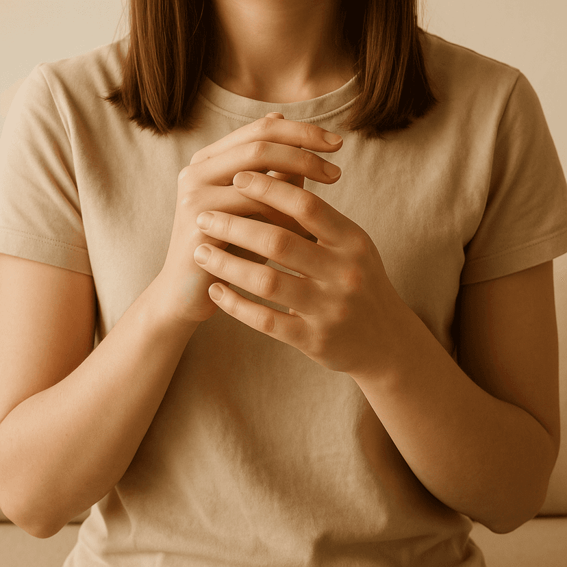 A young woman wearing a beige T-shirt sits indoors with her hands gently clasped together in front of her. The image focuses on her hands and upper torso, with soft, natural lighting and a neutral background creating a calm and warm atmosphere.