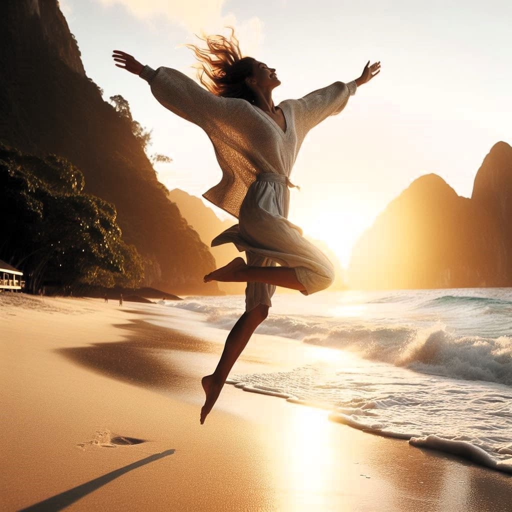 A person joyfully jumps on a sunlit beach during sunset, with the ocean waves and distant cliffs in the background. Their silhouette is illuminated by the warm glow of the sun.