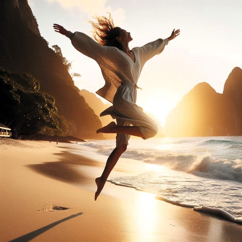 A person joyfully jumps on a sunlit beach during sunset, with the ocean waves and distant cliffs in the background. Their silhouette is illuminated by the warm glow of the sun.