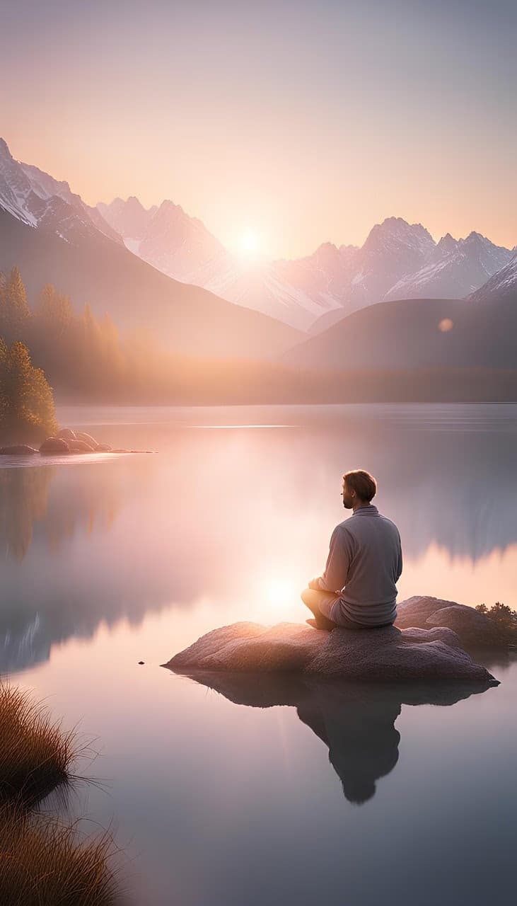 A person sits on a rock in a calm lake at sunrise, surrounded by mountains and trees, reflecting on the water's surface.